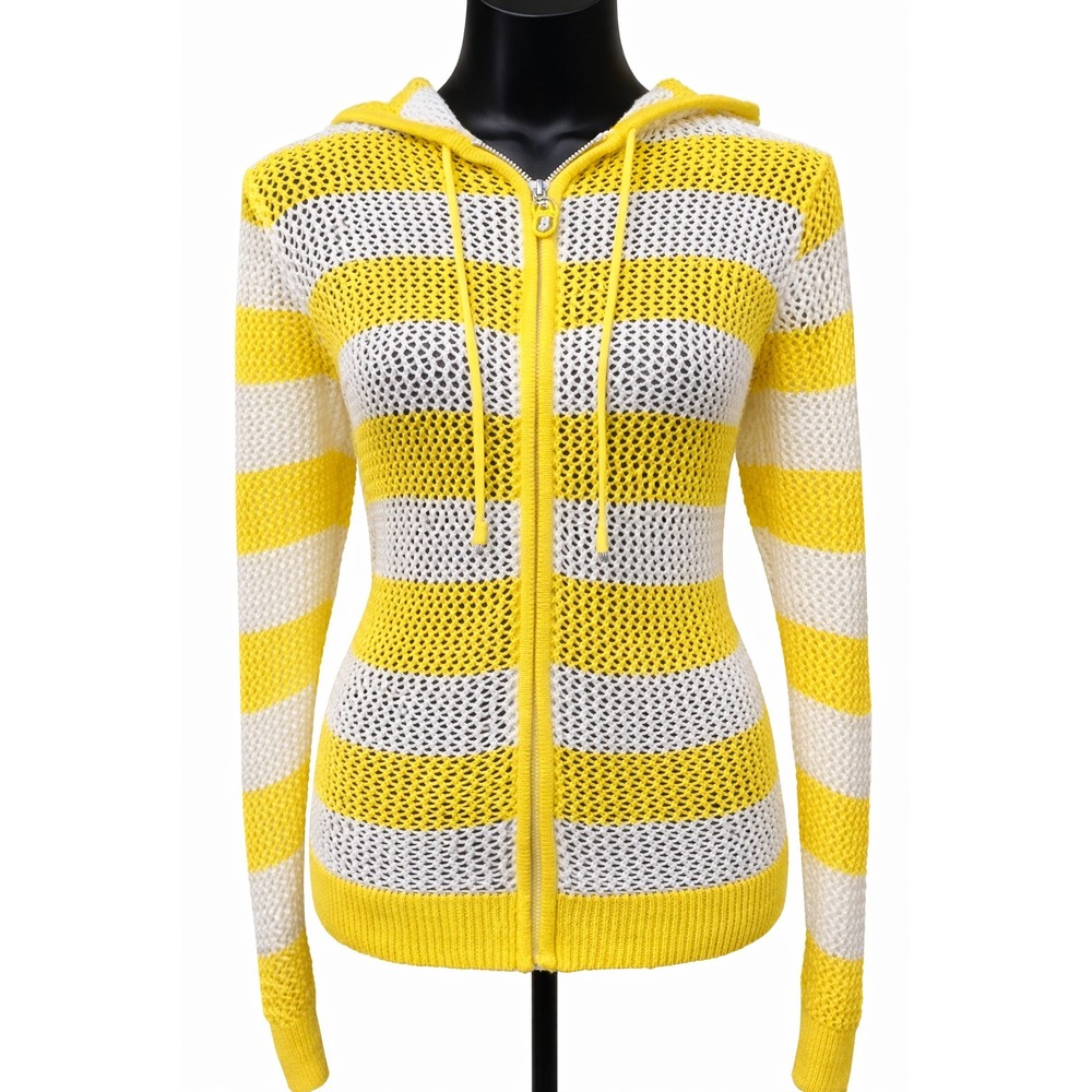 Quacker Factory Womens Swimsuit Cover Up Jacket Medium White Yellow Stripe Knit